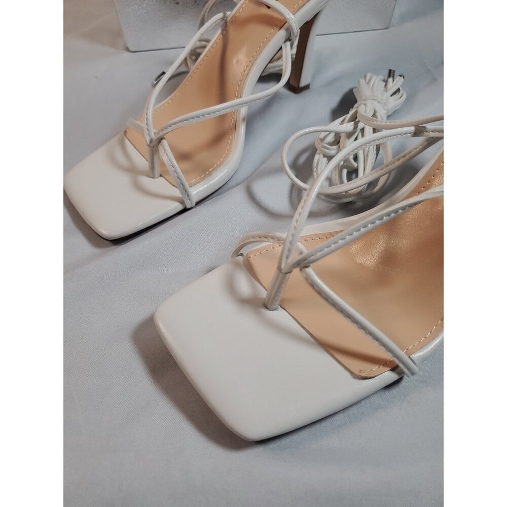 ISNOM White Women Heeled Sandals with Lace Up Strappy Ankle Size US 8 EU 38 - Picture 9 of 11